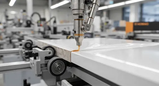 Edge-banding machine applying an edge to a glossy panel, illustrative image